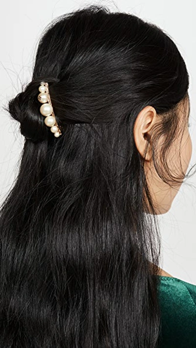 Shop Tory Burch Logo Glass Pearl Hair Clip In Tory Gold/pearl
