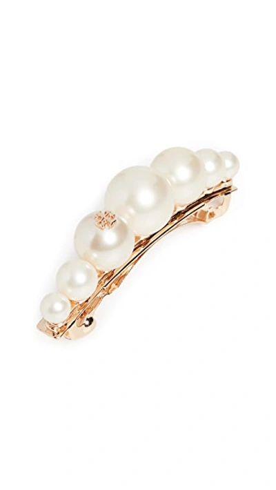 Shop Tory Burch Logo Glass Pearl Hair Clip In Tory Gold/pearl