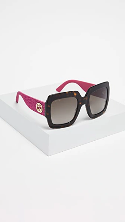 Shop Gucci Pop Glitter Iconic Oversized Square Sunglasses In Dark Havana Glitter Pink/brown