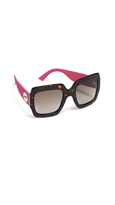 Shop Gucci Pop Glitter Iconic Oversized Square Sunglasses In Dark Havana Glitter Pink/brown
