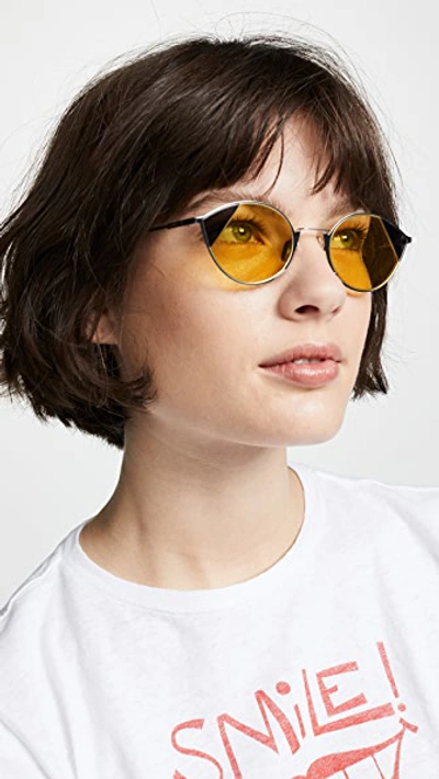 Shop Fendi Narrow Color Block Cat Eye Sunglasses In Silver/gold