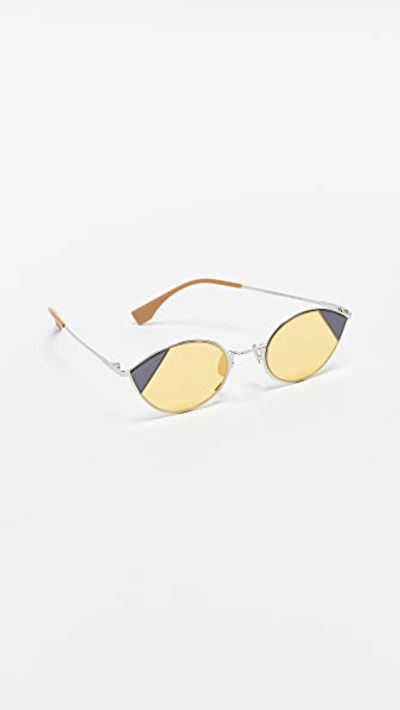 Shop Fendi Narrow Color Block Cat Eye Sunglasses In Silver/gold