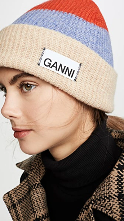 Shop Ganni Knit Striped Beanie Hat In Fiery Red