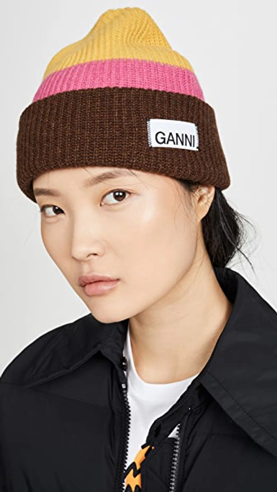 Shop Ganni Knit Striped Beanie Hat In Lemon
