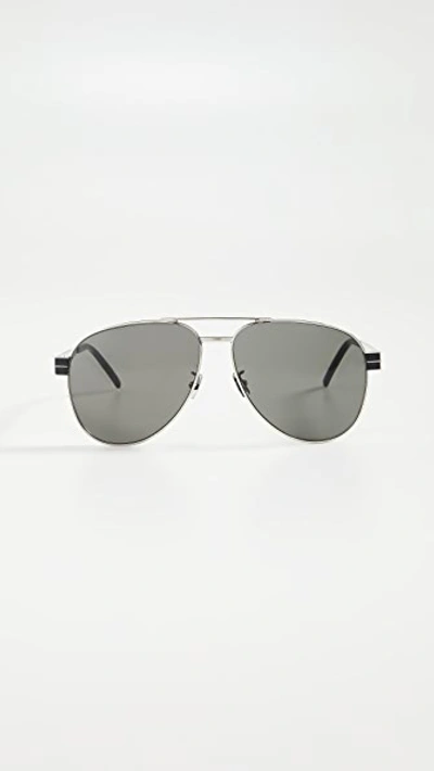 Shop Saint Laurent Pilot Aviator Sunglasses In Silver/grey