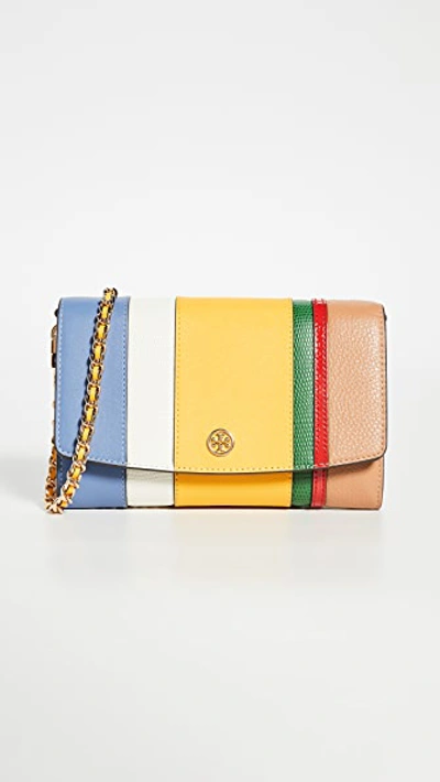 Tory Burch Robinson Balloon Stripe Wallet On Chain In New Ivory/ Bluewood/  Goldfinch | ModeSens