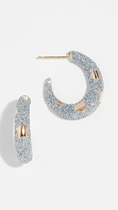 Shop Alison Lou 14k Petite Etoile Hoop Earrings In Silver Glitter