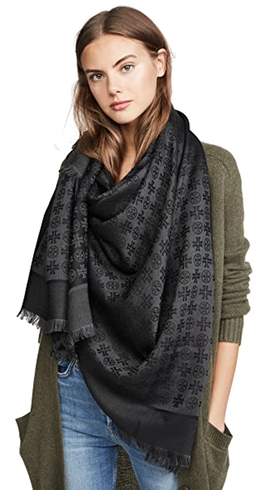 Shop Tory Burch Logo Jacquard Traveler Scarf In Black