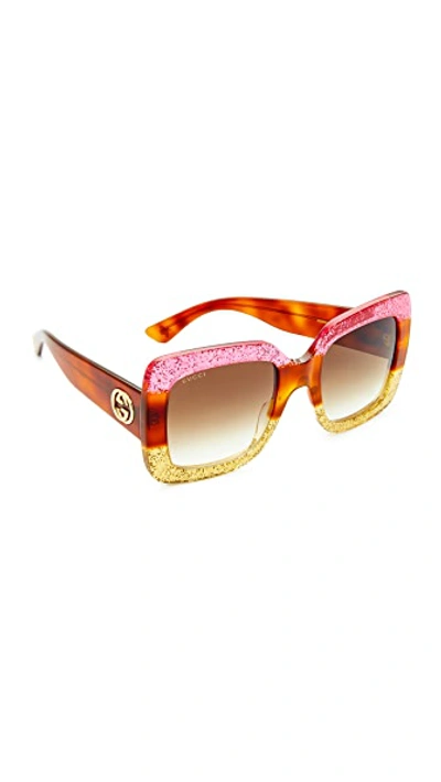 Shop Gucci Square Urban Web Block Sunglasses In Glitter Fuchsia/brown