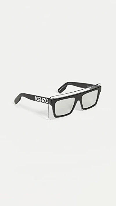 Shop Kenzo Flat Top Clear Shield Sunglasses In Black/clear