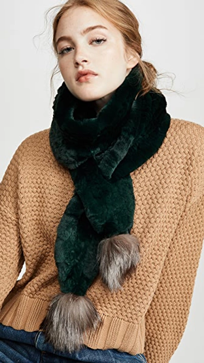 Shop Adrienne Landau Knit Rabbit Scarf With Fox Poms In Hunter