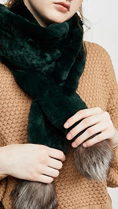 Shop Adrienne Landau Knit Rabbit Scarf With Fox Poms In Hunter