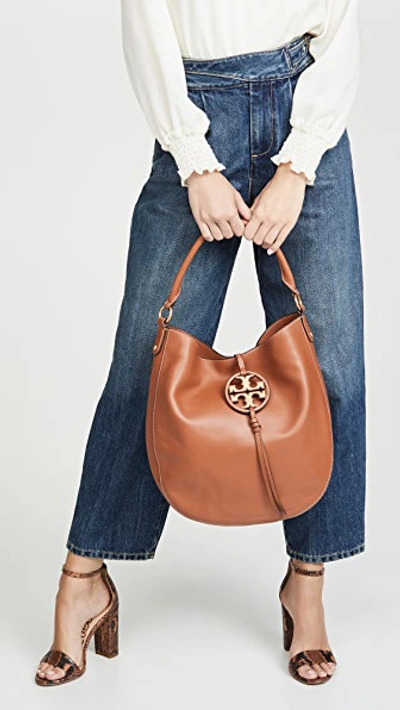 Shop Tory Burch Miller Metal Slouchy Hobo Bag In Aged Camello