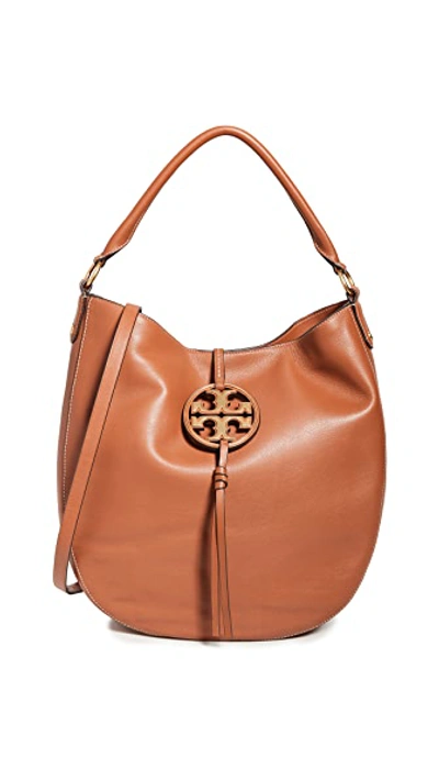 Shop Tory Burch Miller Metal Slouchy Hobo Bag In Aged Camello