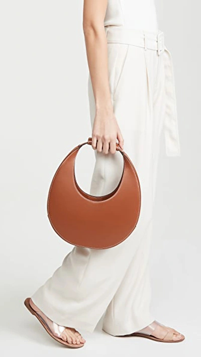 Staud Leather Handbag With Curved Shape And Handle In Tan