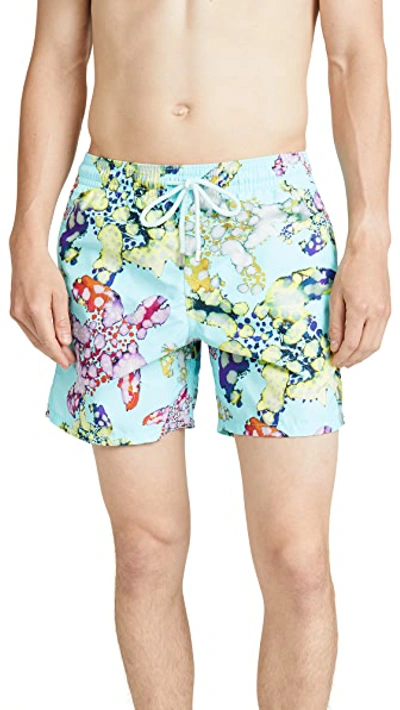 Shop Vilebrequin Watercolor Turtles Moorea Swim Trunks In Acqua