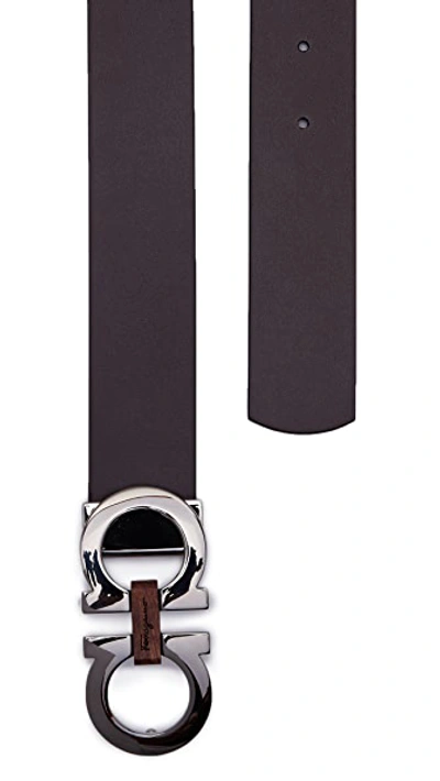 Shop Ferragamo Double Gancio Reversible Belt With Wood Detail In Silver/black/brown