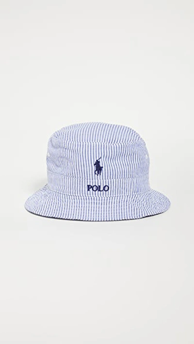Shop Polo Ralph Lauren Loft Bucket Hat In Seersucker Blue/white