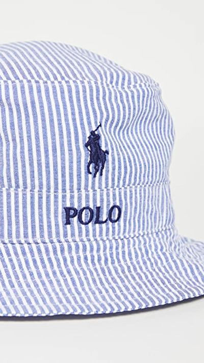 Shop Polo Ralph Lauren Loft Bucket Hat In Seersucker Blue/white