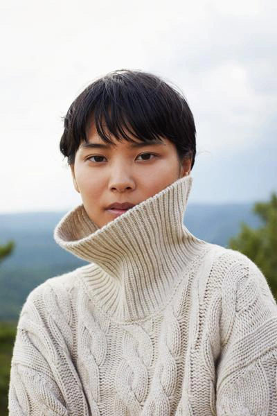 Shop Mansur Gavriel Cashmere Oversized Cable Knit Turtleneck In Beige