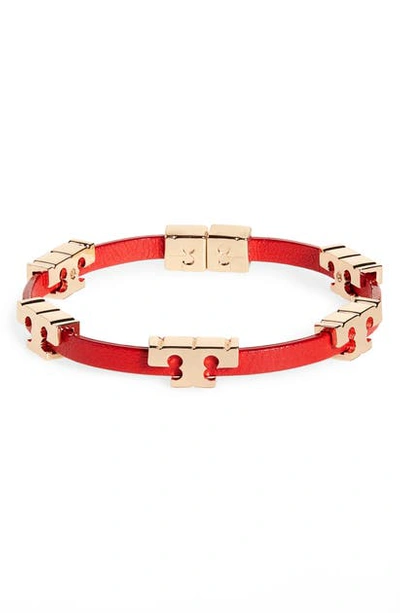 Shop Tory Burch T-logo Single Wrap Bracelet In Tory Gold / Red