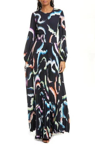 Shop A.l.c Leah Pleated Long Sleeve Maxi Dress In Midnight/ Multi