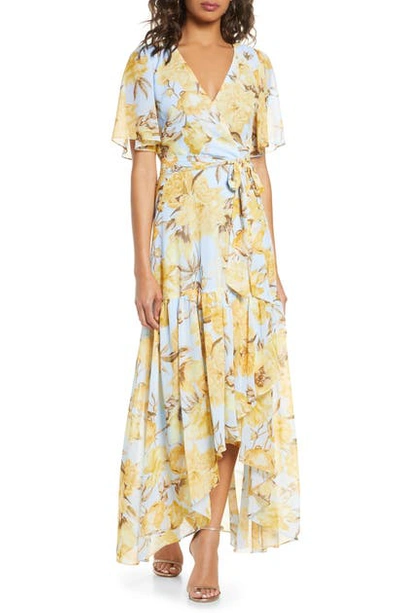 Shop Donna Ricco Floral Faux Wrap Short Sleeve Maxi Dress In Yellow Multi
