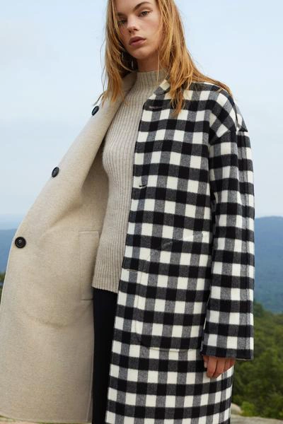 Shop Mansur Gavriel Reversible Bicolor Wool Stand Collar Coat In Beige/checker
