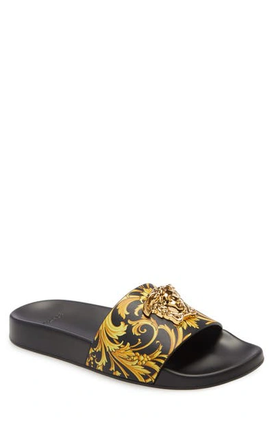 Shop Versace Barocco Medusa Pool Slide Sandal In Black/ Gold