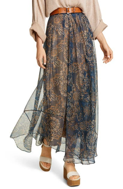 Shop Brunello Cucinelli Floral Print Silk Chiffon Maxi Skirt In Blue Brown