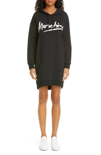 Shop Moschino Logo Long Sleeve Hoodie Dress In 1555 Black