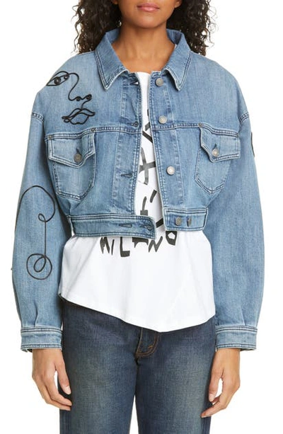 Shop Moschino Face Embroidered Crop Denim Jacket In 1281 Blue