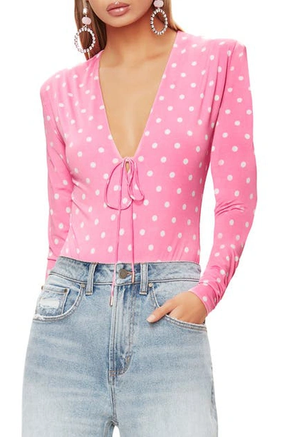 Shop Afrm Athlas Print Bodysuit In Pink Polka Dot