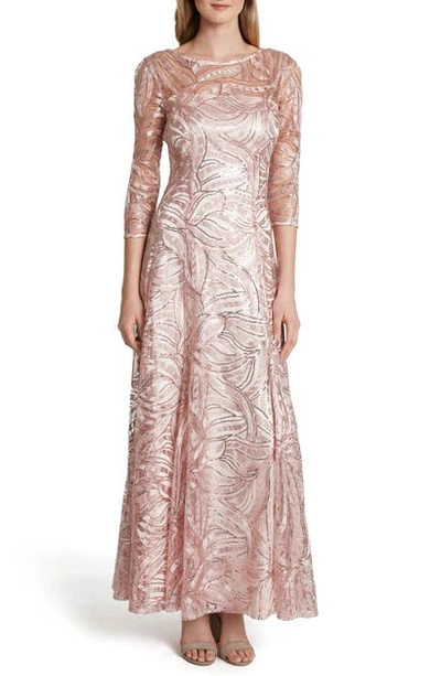 Shop Tahari Sequin Embroidered A-line Gown In Petal Pink