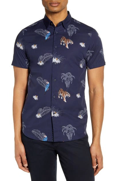 Shop Ted Baker Bold Animal Print Slim Fit Short Sleeve Button-up Shirt In Navy