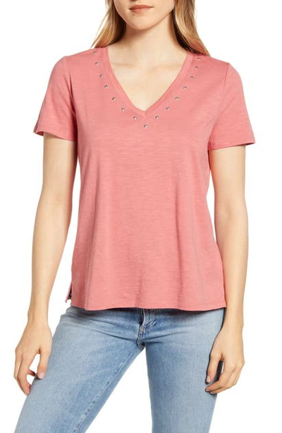 Shop Vince Camuto Studded V-neck Cotton Blend T-shirt In Tuberose