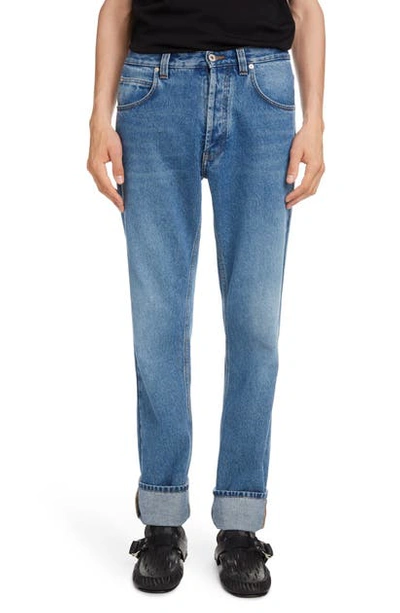 Shop Loewe Anagram Cuff Straight Leg Jeans In Blue