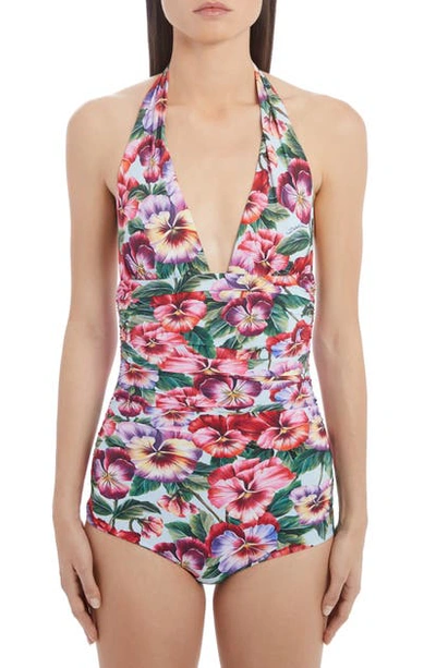 Shop Dolce & Gabbana Pansy Print Ruched One-piece Swimsuit In Pink Pansy