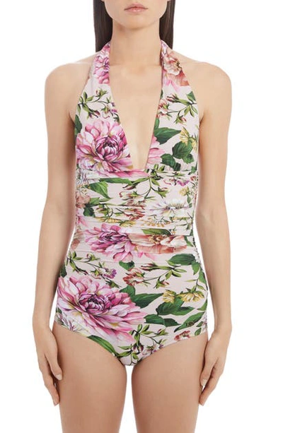 Shop Dolce & Gabbana Floral Print Ruched One-piece Swimsuit In Pink Floral