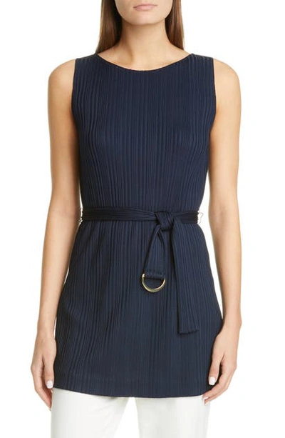 Shop St John Belted Variegated Rib Tunic Top In Navy