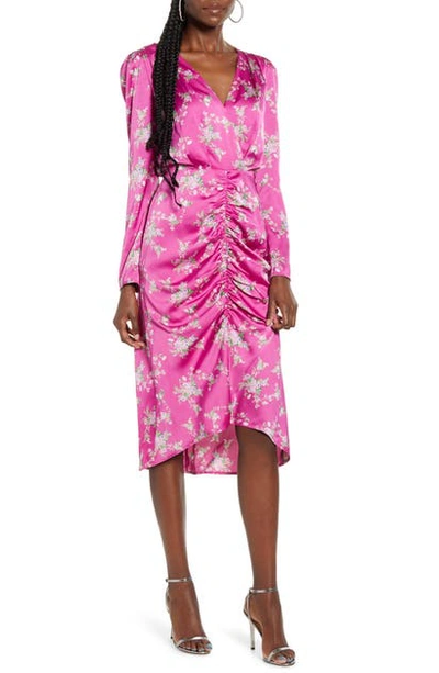 Shop Wayf Ronnie Ruched Long Sleeve Midi Dress In Magenta Bouquet