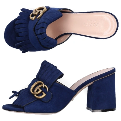 Shop Gucci Clogs Gg Suede Logo Metallic Blue