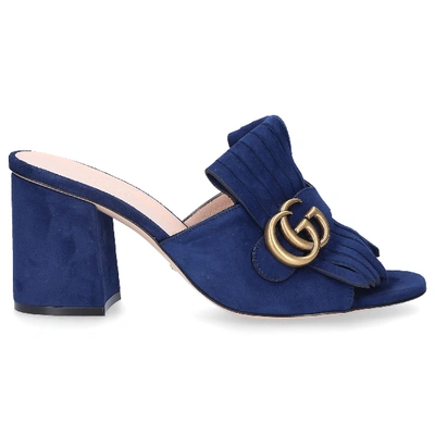 Shop Gucci Clogs Gg Suede Logo Metallic Blue