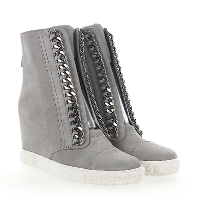 Shop Casadei High-top Sneakers 2r642 Suede Crystal Ornament Light Grey Silver