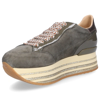 Shop Hogan Low-top Sneakers H368 Glitter Patent Leather Smooth Leather Suede Glitter Logo Metallic Gold Grey Ol In Olive
