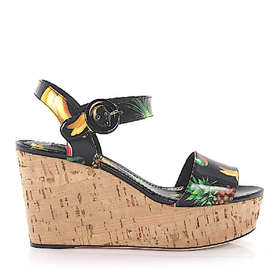 Shop Dolce & Gabbana Wedge Sandals Print Black Multicoloured