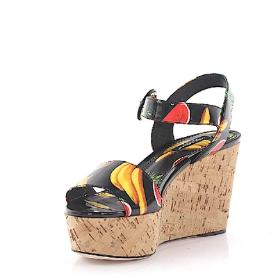 Shop Dolce & Gabbana Wedge Sandals Print Black Multicoloured