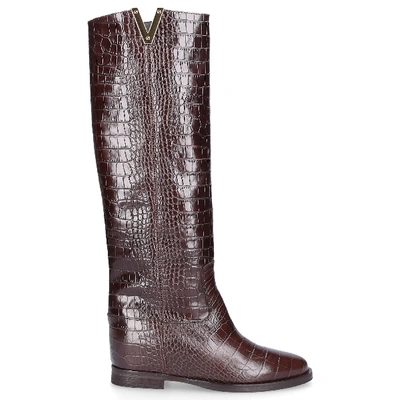 Shop Via Roma 15 Boots Cocco Calfskin Logo Embossing Metal Decorations Brown