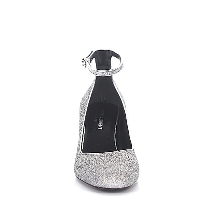 Shop Saint Laurent Pumps Calfskin Logo Glitter Silver In Grey