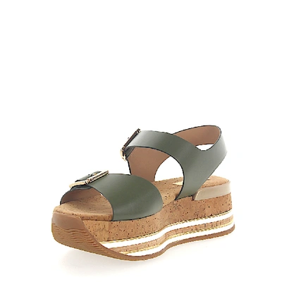 Shop Hogan Platform Sandals H354 Calfskin Khaki In Green